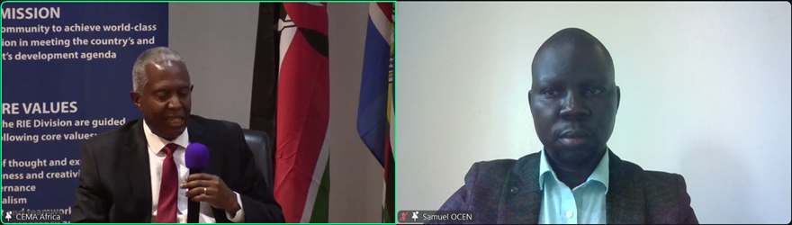 Video call: a speaker at the University of Nairobi Research Week on the left, panelist Samuel Ocen joining online on the right.