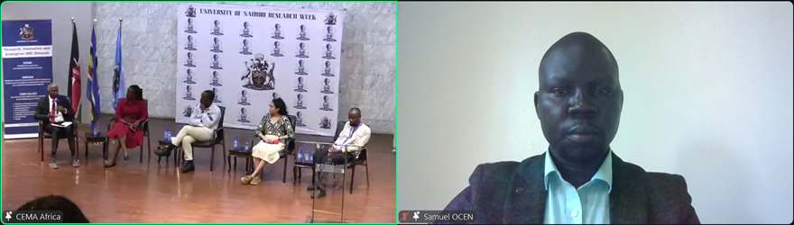 Video call: the panel on stage at the University of Nairobi Research Week on the left, panelist Samuel Ocen joining online on the right.